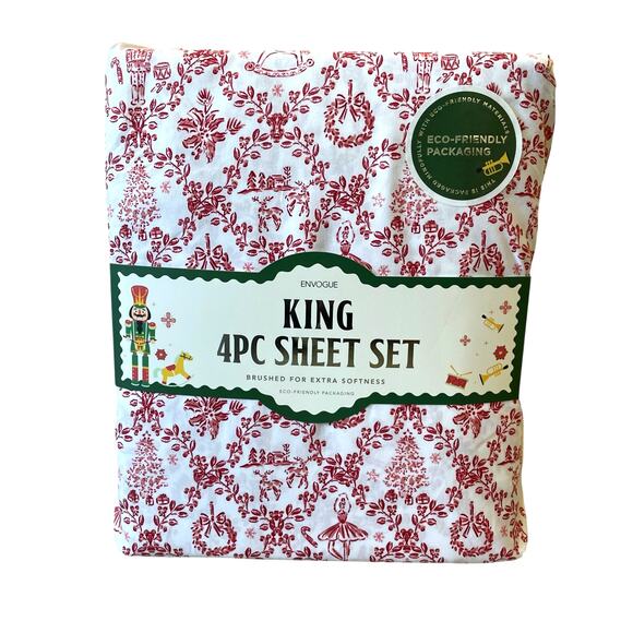 Envogue KING 4pc Sheet Set Nutcracker Toile Christmas Bedding Red & White New - Picture 11 of 11